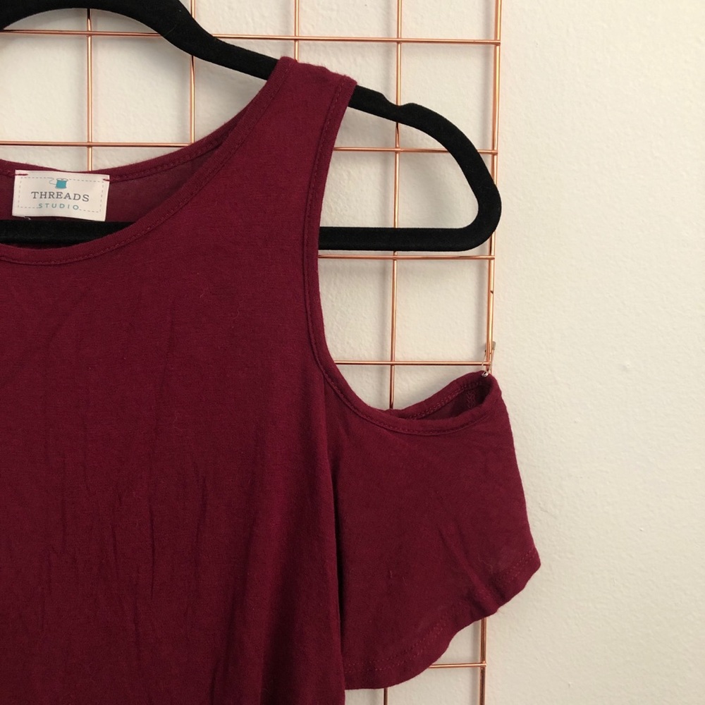 Threads Studio | Maroon Cold-Shoulder Tee - Picture 2 of 5